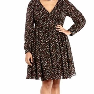 Torrid Georgette Black Floral Size 24 Dress Long Sleeve Deep V Fit Flare NEW
